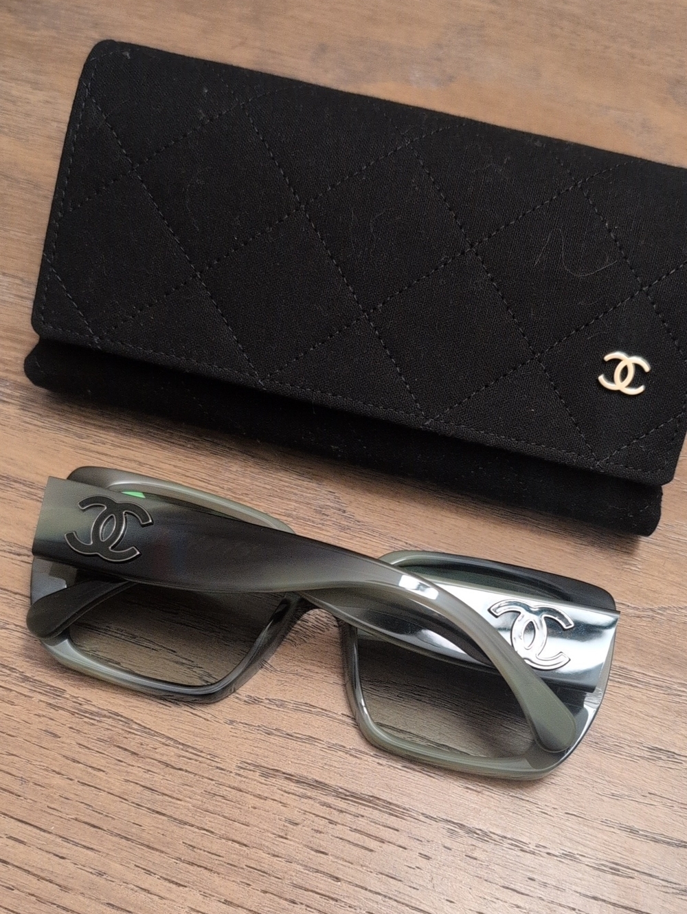 CHANEL Green Gradient Rectangular Sunglasses with Silver CC Logos
